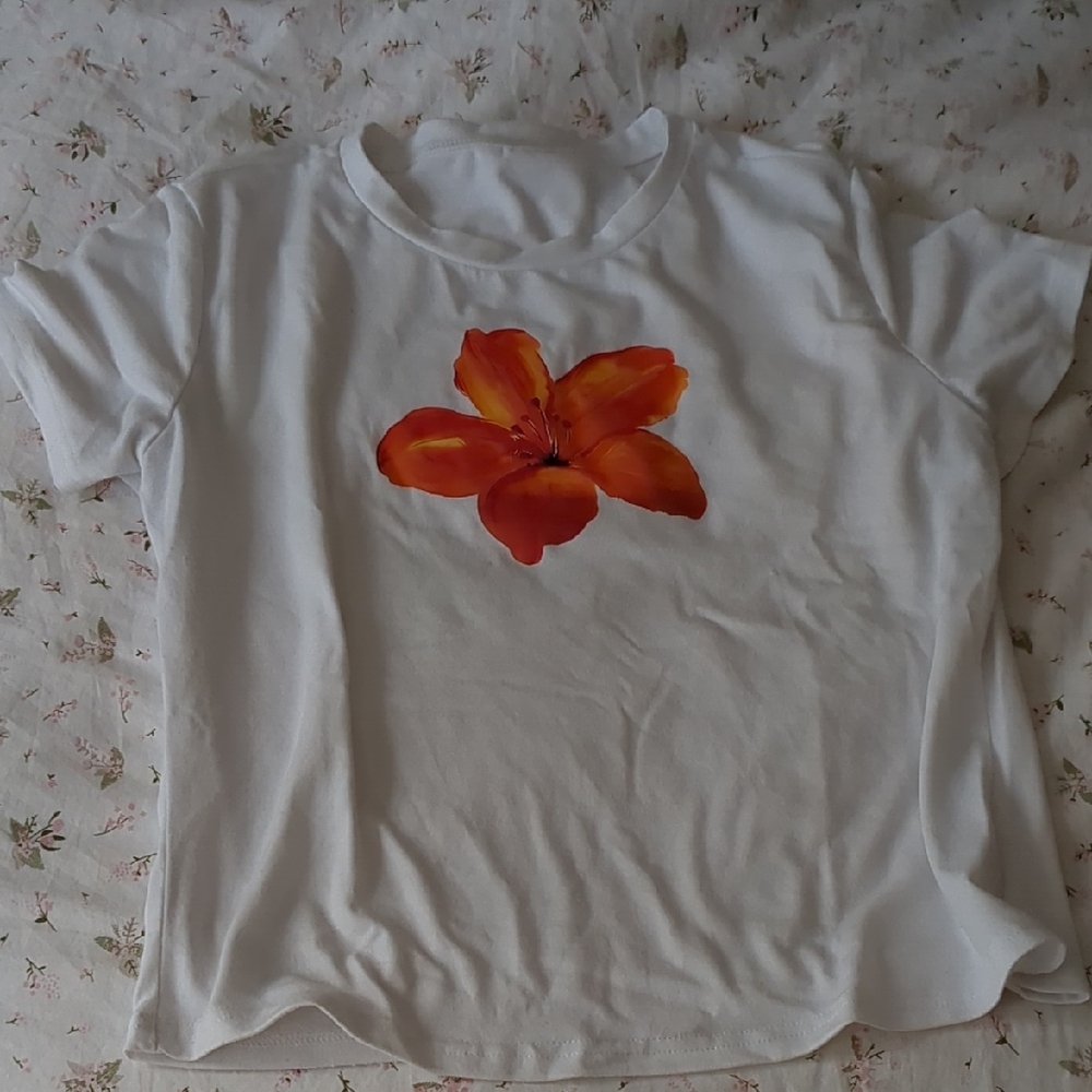 Source Unknown White Tee with Orange Floral Design